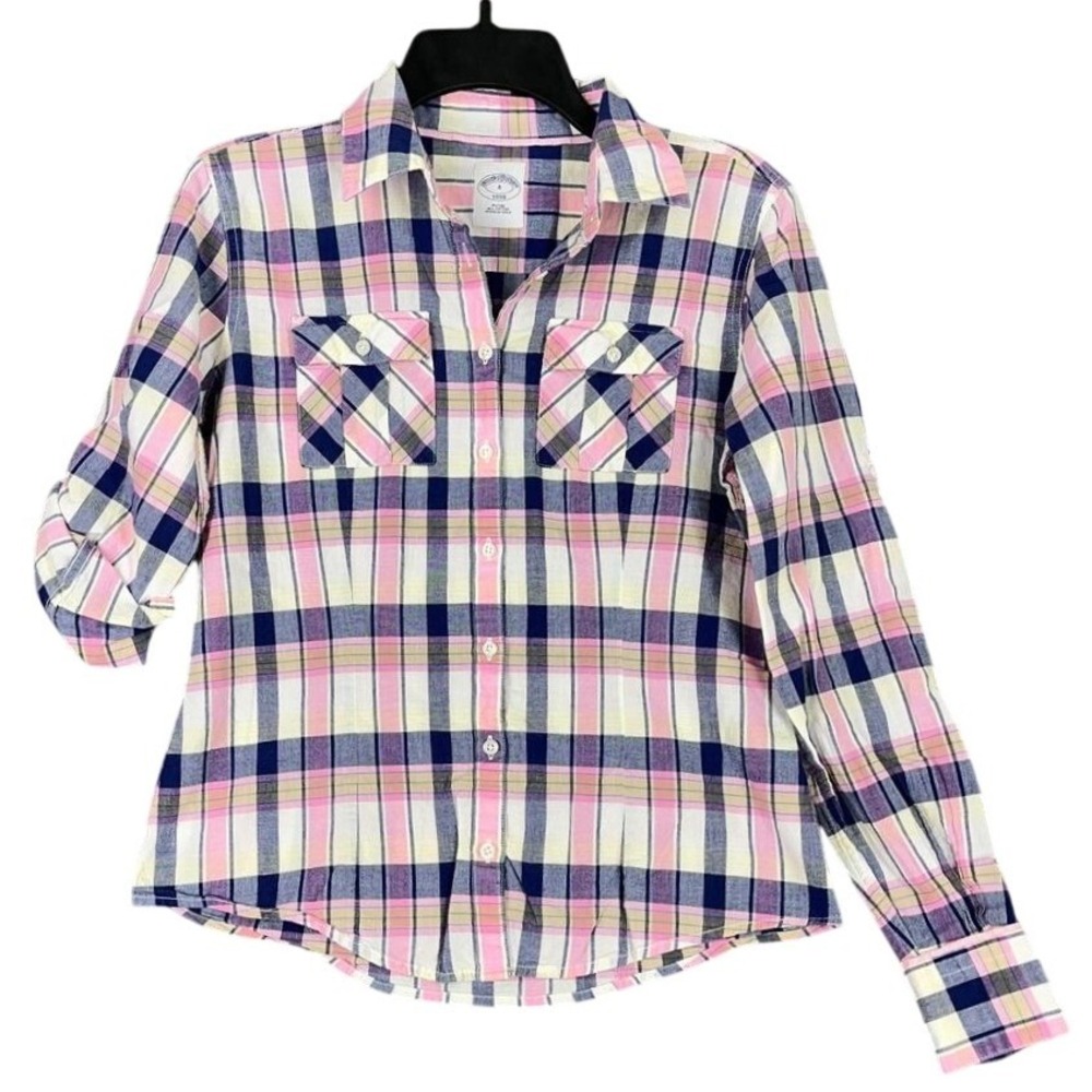 Brooks Brothers Shirt‎ Womens 4 Pink Plaid Fitted Above Hips Roll Sleeves Chore
